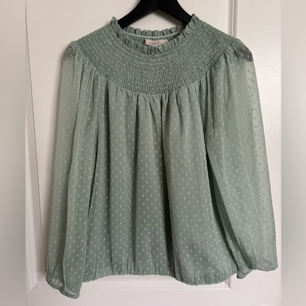 LOFT Green Puff Sleeve Smocked Blouse